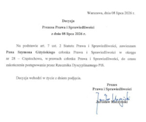 Sensacja! Giżyński poza PiS-em